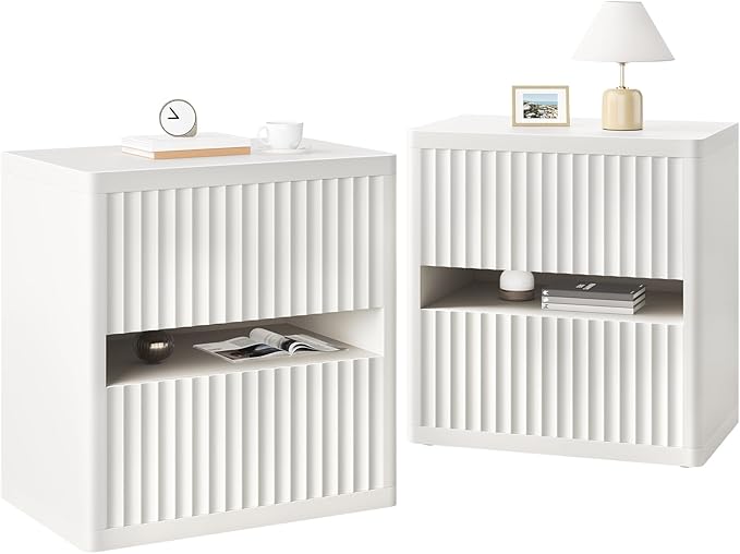Dripex Fluted Nightstand Set of 2, 22'' Wide Night Stand with 2 Large Drawers, Mid Century Modern Wood Bedside Table with Open Shelf, Large Bed Side End Table for Bedroom, White