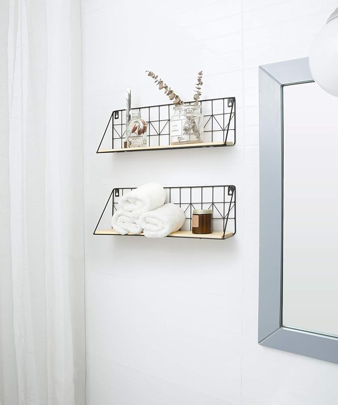 Mkono Floating Shelves Wall Mounted Set of 2 Rustic Wood Storage Display Shelf with Metal Wire Basket, Hanging Shelf for College Drom Room Bedroom Bathroom Living Room Kitchen Office, Beige,Medium