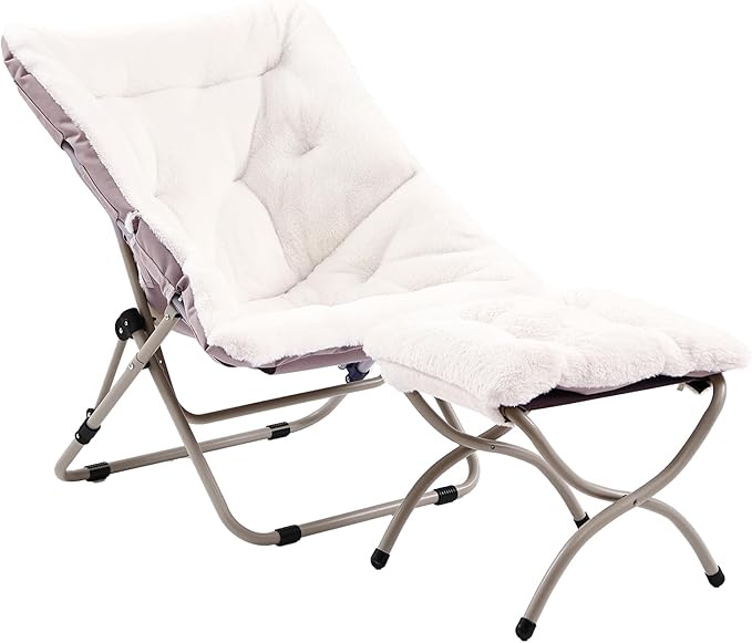 Comfy Folded Chair with Ottoman, Oversized Folding Faux Fur Chair Soft Furry Lazy Chair with Metal Frame Moon Chair Accent Chair for Bedroom, Living Room, Dorm Rooms