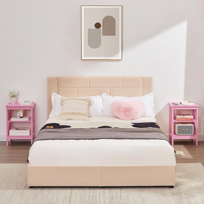 VECELO End Table, Bedside Table, 24" Tall Living Room End Tables, X-Design Reinforced Nightstands, Side Table with 3-Tier Storage Shelves for Small Spaces, Office, Bathroom, Bedroom, Pink