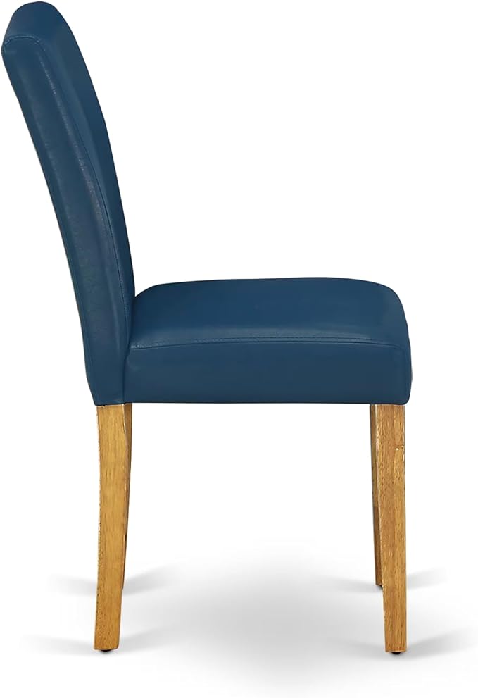 East West Furniture ANAB3-OAK-55 3 Piece Kitchen Table & Chairs Set Contains a Round Dining Room Table with Pedestal and 2 Oasis Blue Faux Leather Parsons Chairs, 36x36 Inch, Oak