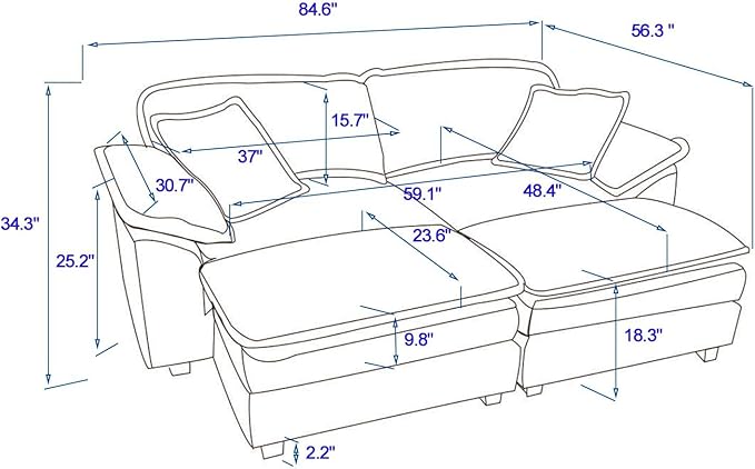 Modular Loveseat Sectional Sofa, 84.6" Corduroy Comfy Sectional Couches for Living Room, 3-Seater Cloud Couches with Movable Ottomans, Flexible Combination Modern Deep Seat Sofa | Thickness Cushions, Solid Wood Frame, Pillow-top Armrest