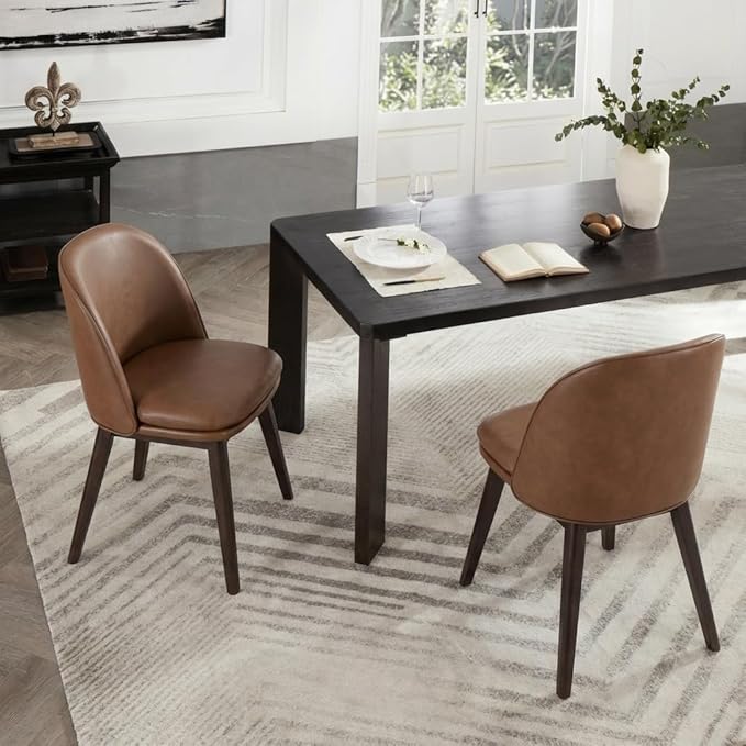 Wooden Dining Chairs Set of 2, Faux Leather Upholstered Modern Dining Room Chairs with Double-Layer Thick Seat Cushion & Ergonomic Backrest for Restaurant, Kitchen and Café, Brown