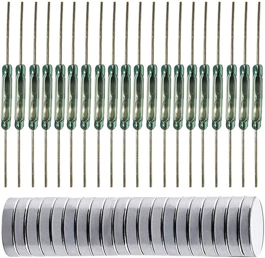 20pcs Glass Reed Switch Reed Contact Normally Open (N/O) Magnetic Induction Switch (2mm×14mm) with 20pcs Multi-Use Magnetic Sheet