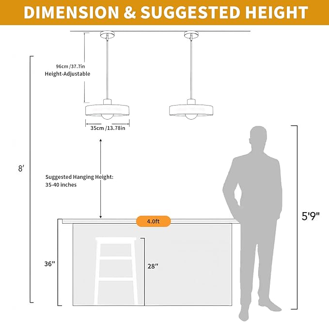 Pendant Lights Kitchen Island: Mid-Century Modern Hanging Light Fixture - Glass Pendant Lamp for Entryway Dining Room Over Table Bedside (Orange, 35cm/13.78inch)