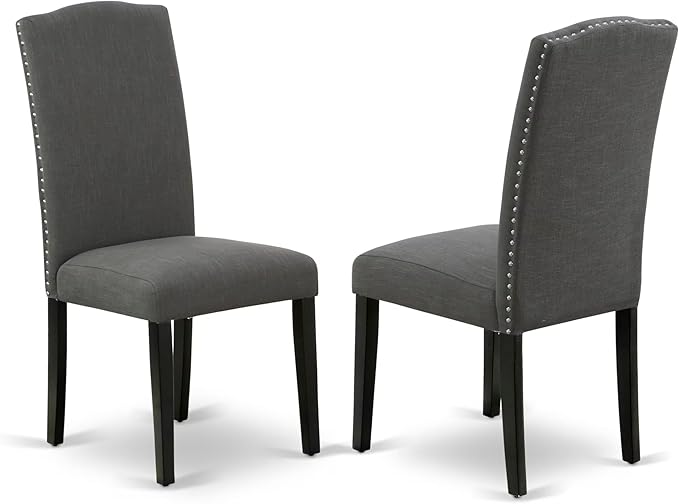 East West Furniture ENP1T20 Encinal Parson Dining Room Chairs - Nailhead Trim Dark Gotham Linen Fabric Padded Chairs, Set of 2, Black