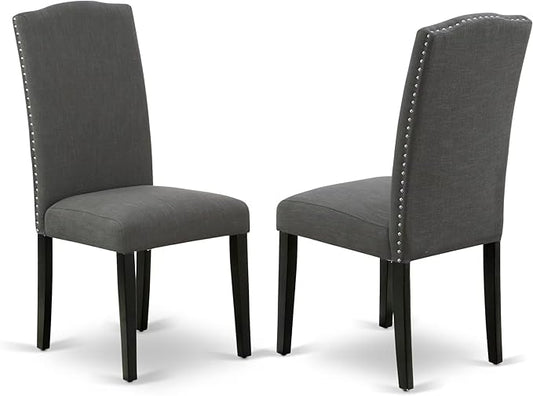 East West Furniture ENP1T20 Encinal Parson Dining Room Chairs - Nailhead Trim Dark Gotham Linen Fabric Padded Chairs, Set of 2, Black