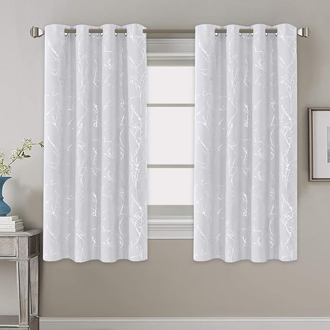 H.VERSAILTEX White Curtains for Bedroom Foil Print Twig Tree Branch Thermal Insulated Grommet Curtain Drapes Light Blocking Thick Soft Window Curtains for Living 52 x 63 Inch, 2 Panels, Pure White