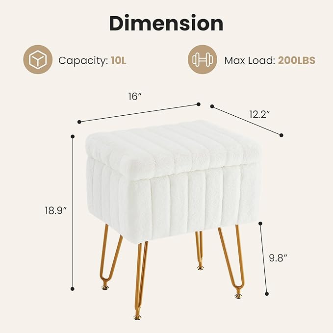 DUMOS Vanity Stool Chair Ottoman with Storage, Makeup Cute Soft Small Footstool Modern Style Faux Fur Seat with 4 Metal Legs & Adjustable Feet for Dressing Living Room Bedroom Dorm