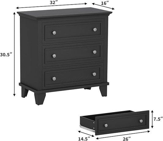 IDEALHOUSE 3 Drawer Dresser, Wooden Storage Chest of Drawers with Exquisite Metal Handles, Small Storage Cabinet, Modern Design Dresser for Bedroom, Living Room, Hallway, Entryway, Black