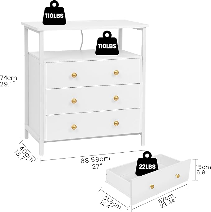 3 Wooden Drawers Nightstand, 27 Inch Wide Night Stand Set 2 with Charging Station and Adjustable Drawers, Small Dresser for Closet, Bedside Table for Living Room/Bedroom/Office, White.