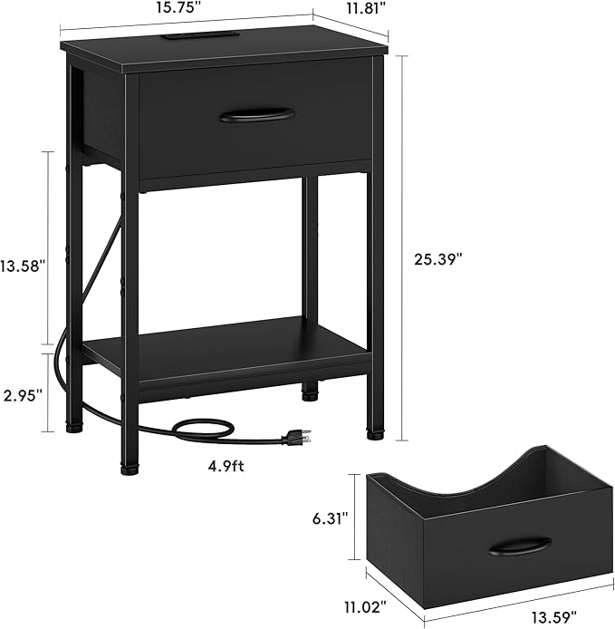 Vagusicc Nightstand Set of 2 with Charging Station, Bed Side Table with Fabric Drawer, Small End Table with 2-Tier Storage Shelves, 25.4" Tall Bedside Table, Black Night Stand for Bedroom, Living Room