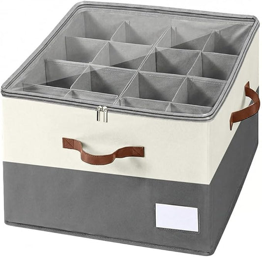 Shoe Organizer for Closet, Foldable Shoe Rack with Clear Cover, Adjustable Dividers for 16 Pairs, Storage Cubby for Wardrobe, Beige & Grey