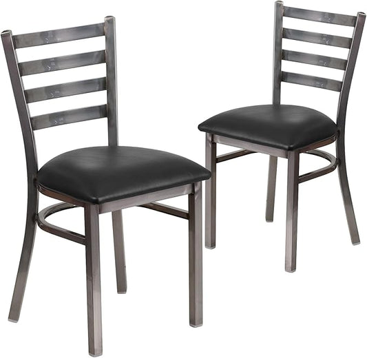 Flash Furniture 2 Pack HERCULES Series Clear Coated Ladder Back Metal Restaurant Chair - Black Vinyl Seat