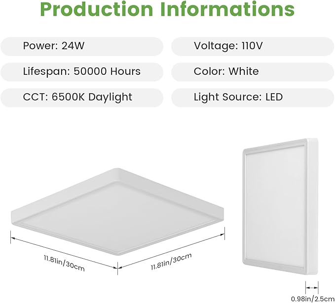Goeco 2 Pack Ultra Slim Flush Mount Ceiling Light Fixture, 12 Inch 24W Surface Mount LED Panel Light for Bedroom, Kitchen, Bathroom- 0.98Inch Thickness Square