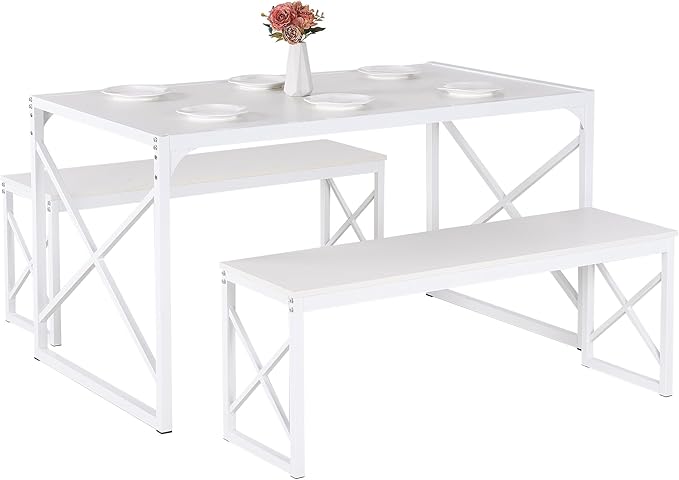 VECELO 55" Kitchen Dining Table Set for 4-6, Wood Dinette 2 Benches with Metal Frame for Dinner Breakfast Nook and Small Space, White