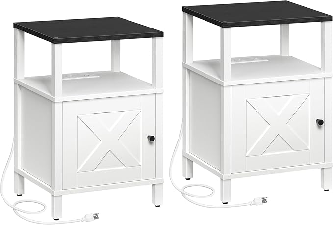 Set of 2 Farmhouse Nightstand with Charging Station, White Bedside Table with USB&Type-C Ports and Outlets, End Table with Storage, Night Stand for Bedroom, White and Black ETBW96E01S2