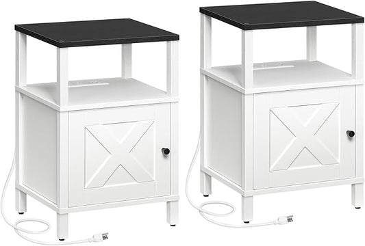 Set of 2 Farmhouse Nightstand with Charging Station, White Bedside Table with USB&Type-C Ports and Outlets, End Table with Storage, Night Stand for Bedroom, White and Black ETBW96E01S2