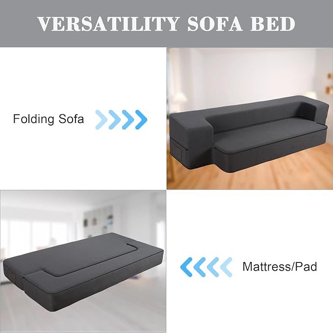HonTop 8 Inch Folding Sofa Bed Couch Queen Memory Foam Convertible Futon Sleeper Chair Foam Bed for Bedroom Living Room Guest, Dark Grey