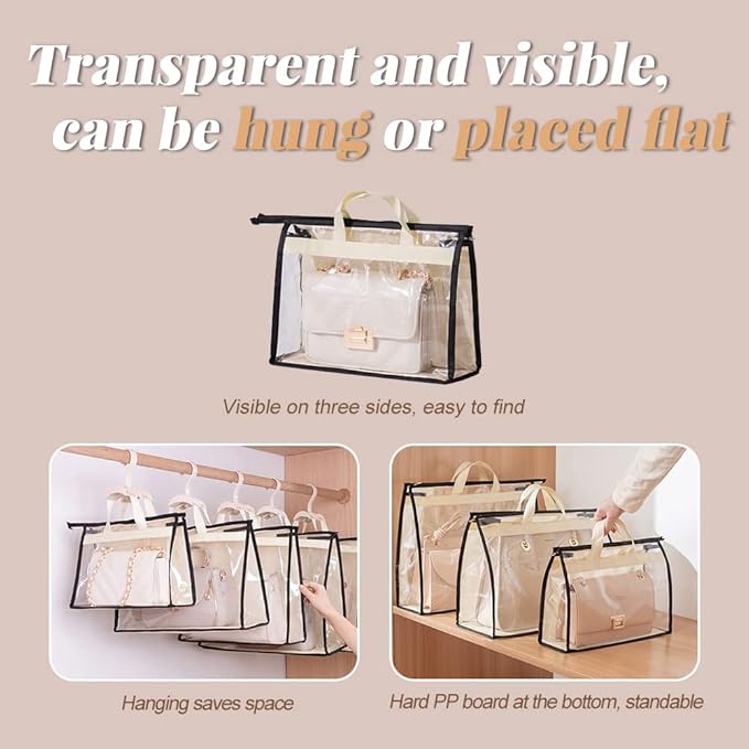 2 PCS Hanging Handbag Storage Organizer Purse Dustproof Storage Bag Transparent Non-woven Storage Bag with Zipper and Handle (XL)