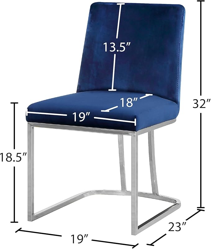 Meridian Furniture Heidi Collection Modern | Contemporary Velvet Upholstered Dining Chair with Polished Chrome Metal Frame, Set of 2, 19" W x 23" D x 32" H, Navy