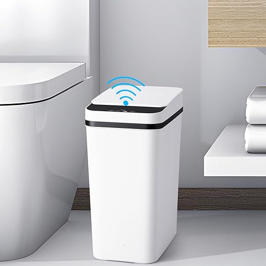 Bathroom Trash Cans with Lid Touchless Automatic Motion Sensor 4 Gallon Small Garbage Can, Smart Electric Plastic Narrow Garbage Bin for Living Room Bedroom Office Kitchen (White)