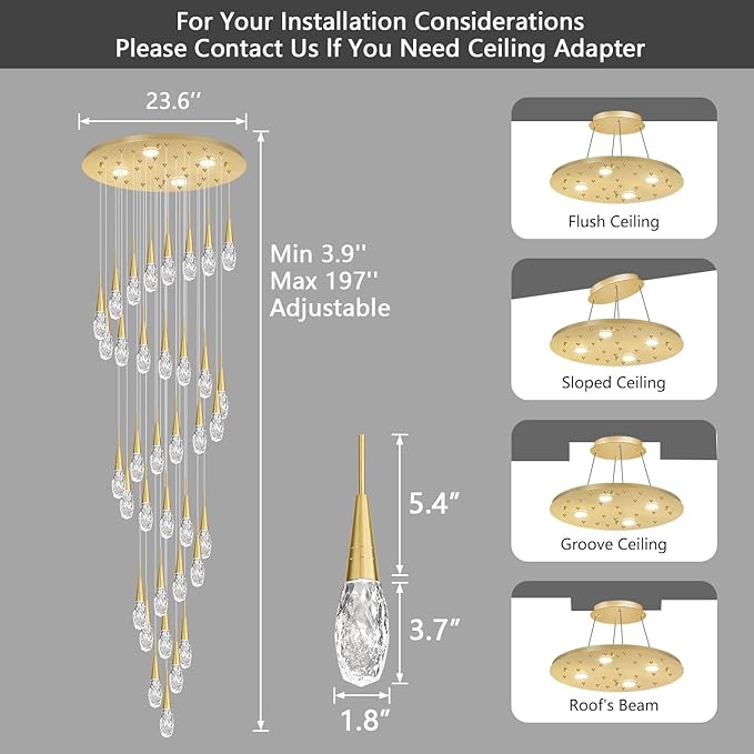 36-Lights 197 Inches Large Modern Chandelier LED Light Fixtures High Ceiling Long Light Chandelier for Entrance Foyer Dimmable Lights with Remote Living Room Ceiling Pendant Lighting Shine Gold