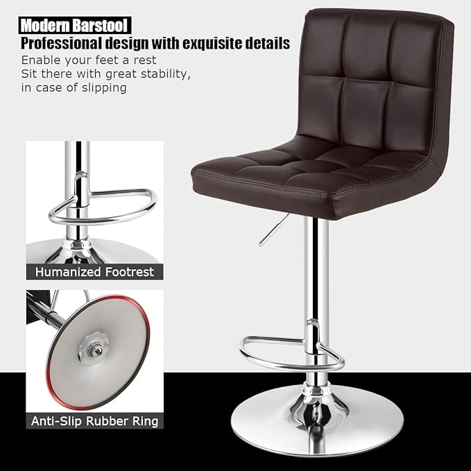 COSTWAY Adjustable Bar Stools Set of 2, Modern Swivel PU Leather Bar Chair with Backrest, Soft Cushioned Seat, Footrest, Sturdy Metal Frame, Comfortable Barstools for Kitchen Island, Pub, Brown