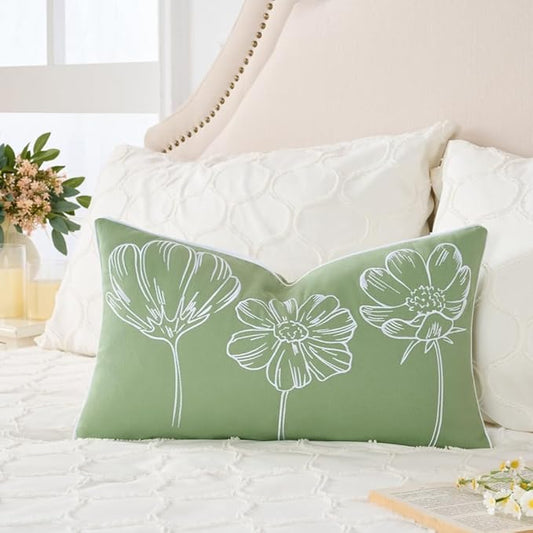 Sunkifover Decorative Floral Lumbar Pillow Cover 12x20 Inch Sage Green and White Cotton Embroidery Flower Throw Pillowcase Cushion Cover for Bed Bedroom, Living Room, Sofa