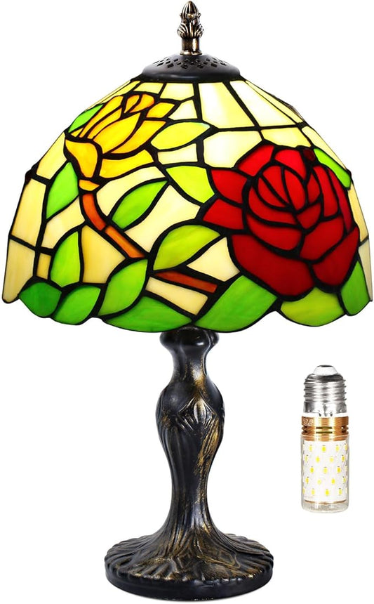 MIAOKE Stained Glass Table Lamp,Stained Glass Crystal Bead Style Table Light,Handmade Desk Bedside Night Light,Antique Art Craft Gifts Lover Living Room Bedroom Bookcase (A Rose)
