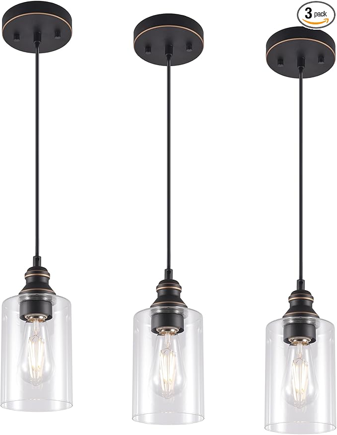 Pendant Light Fixture, Adjustable Hanging Ceiling Lights, Anti-Rust Metal Hanging Light Fixtures with Clear Glass, Modern Pendant Lighting for Kitchen Island Living Room, Bronze, 3-Pack