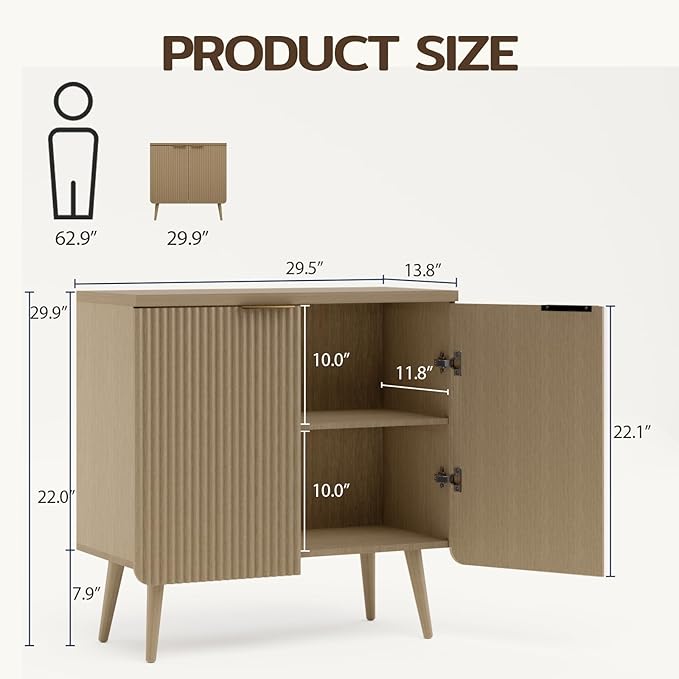 29.5" W Wood Fluted Sideboard with 2 Doors, Modern Large Buffet Cabinet with Shelves, Multi-Space Storage Credenza Kitchen for Entryway, Dining & Living Room, Natual Oak