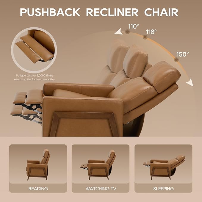 COLAMY Push Back Recliner Chair Set of 2, Upholstered Leather Recliner with Footrest 105-135 Degree Adjustable, Comfy Modern Wingback Recliner for Living Room, Bedroom,Small Spaces, Camel