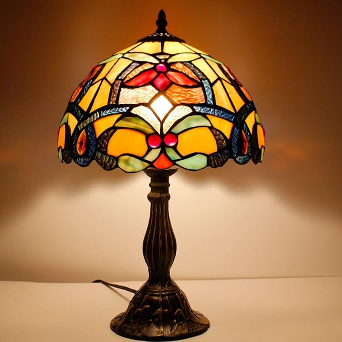 WERFACTORY Tiffany Table Lamp Orange Stained Glass Flower Liaison Style Reading Desk Bedside Light 12X12X18 Inches Decor Bedroom Living Room Home Office S617 Series