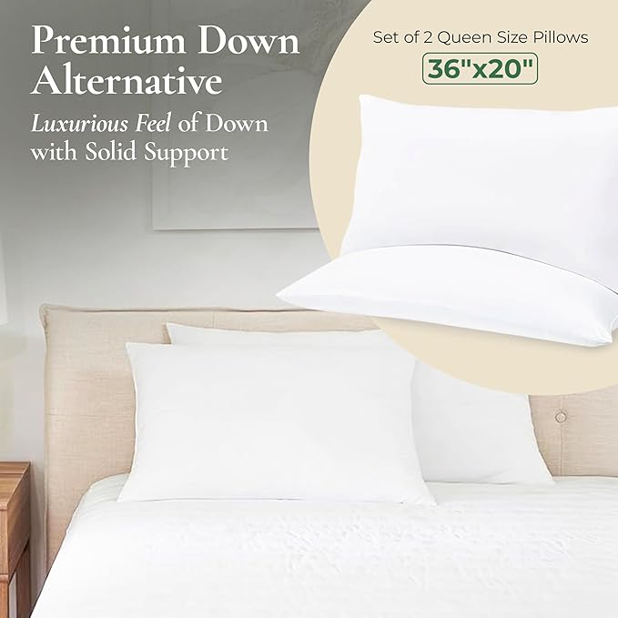 Fern and Willow King Size Bed Pillows - Set of 2, 36"x20" - Luxurious Ultra-Soft Cooling Pillow - Hotel Quality, Down Alternative Fill - Ideal for Side, Back & Stomach Sleepers