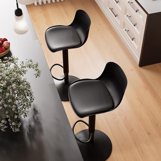 Kidol & Shellder Bar Stools Set of 2 Black Adjustable Swivel Counter Height Stools, Modern PU Leather Upholstered with Backs Barstools for Kitchen Island