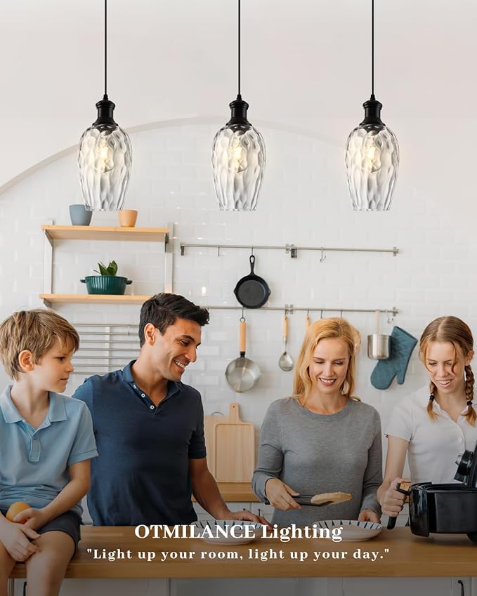 Black Pendant Lights Kitchen Island, 6.3” Hammered Glass Pendant Lights, Hanging Industrial Clear Glass Pendant Light 2-Pack, Farmhouse Kitchen Pendant Light for Dining Room, Bathroom, Cafe