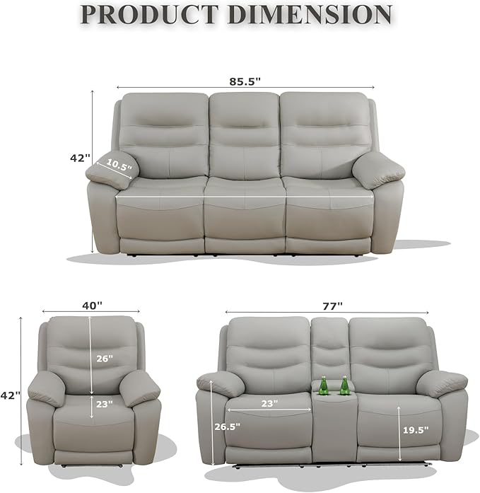 Power Reclining Loveseat, 2-Seater Genuine Leather Recliner Couch, Light Grey Top Grain Leather Sofa with Cup Holders/Storage/USB Port for Living Room, Apartment, Office
