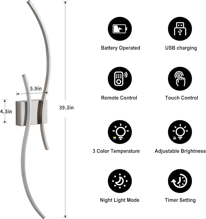 Battery Operated Wall Sconces Set of Two with Remote Control, Battery Wall Light, Stepless Colors 3000K-6000K & Dimming, Nickel Rechargeable Wall Sconces for Living Room, Hallway, Bedroom, 39.3 Inch