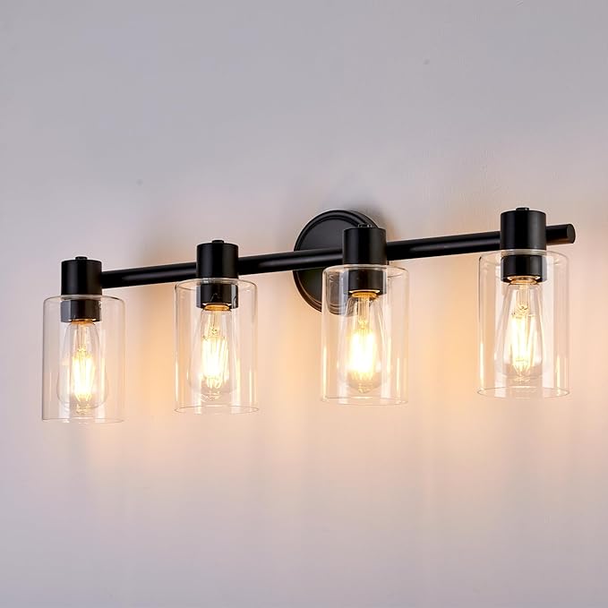 4 Light Bathroom Wall Light Fixtures Black Bathroom Wall Sconce with Clear Glass Lights Over Mirror Vanity Lights E26 Base