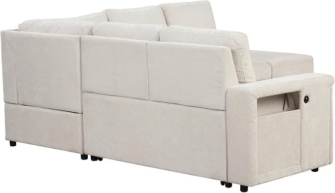 90.6" L-Shaped Modular Padded Cloud Sectional Fabric Sofa Set with Pull Out Bed, Convertible Sectional Couches w/Storage Space and USB Ports & Cup Holders on The Armrests,for Living Room,Beige