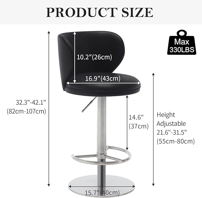 Stainless Steel Bar Stools,Grade Modern Leather Bar Chair with Backrest,Swivel Adjustable Height for Kitchen Counter and Dining Room (Black Leather-1pc)