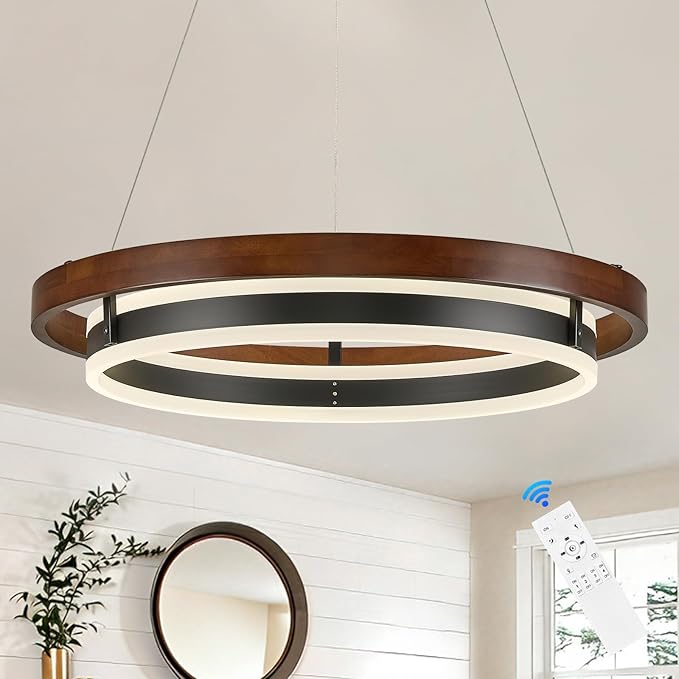 LED Ring Chandelier 24in Solid Walnut Wood Chandeliers Dimmable Black Chandeliers Modern Round Chandelier Light for Living Room Dining Room Kitchen Island Bedroom Entry