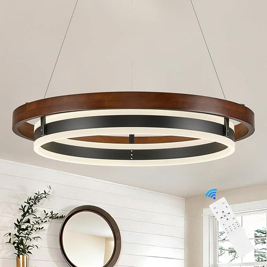 LED Ring Chandelier 24in Solid Walnut Wood Chandeliers Dimmable Black Chandeliers Modern Round Chandelier Light for Living Room Dining Room Kitchen Island Bedroom Entry