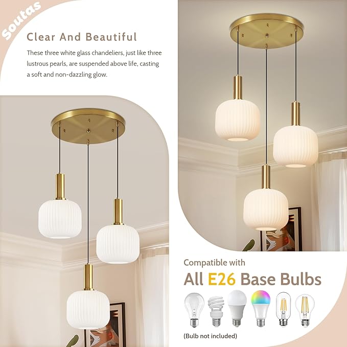 3 Light Cluster Chandelier Milk Glass Pendant Lights Kitchen Island Light Fixtures Ceiling Hanging with Striped Globe Shade Mid Century Modern White and Gold Pendant Light Over Dining Table
