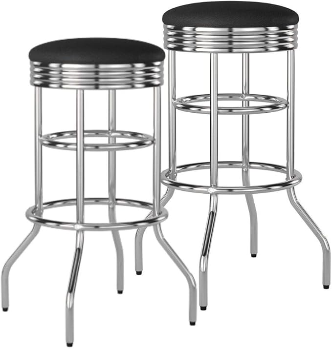 Trinity Heavy Duty 30-Inch Backless Swivel Bar Stool for Kitchen, Garage, or Workshop, Chrome Finish with Faux Leather Seat, 2 Pack Pre-Assembled, Black