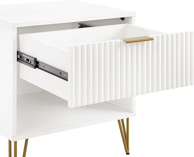Manhattan Comfort Dumbo Modern Nightstand 1.0 with 1 Drawer and Metal Feet | Splayed Gold Legs | Vertical Ribbed Design | No Tool Assembly Storage for Bedroom & Living Room, Set of 2, White