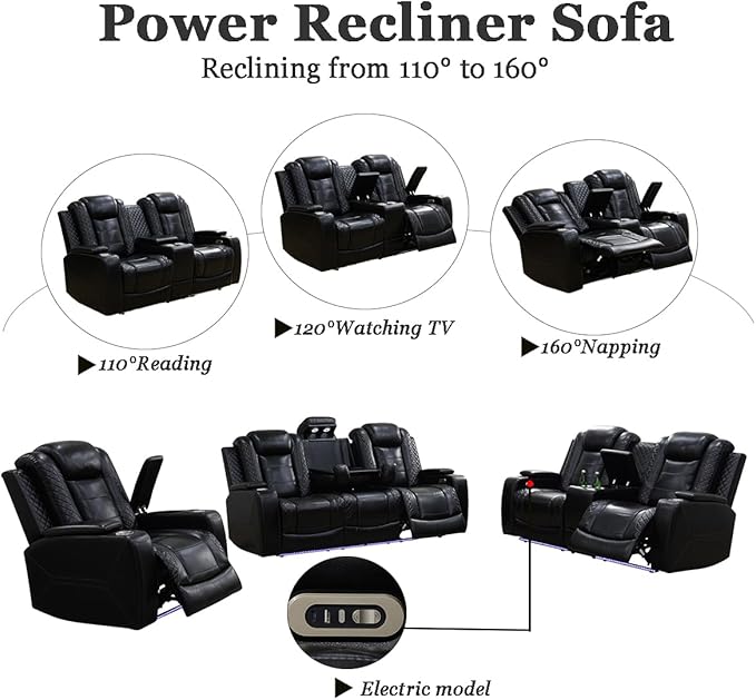 A Ainehome Power Leather Recliner Sofa Set with LED Lights, Recliner Sofa Sectional Couches for Living Room, Reclining Sofa, loveseat, Chair with USB Port/Storage Console/Cup Holder(black,3-piece set)