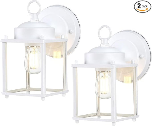 Outdoor Wall Lantern, Exterior Waterproof Wall Sconce Light Fixtures, White Front Porch Lights with Clear Glass, Anti-Rust Metal Outside Lighting Fixture for House Doorway Garage, 2-Pack