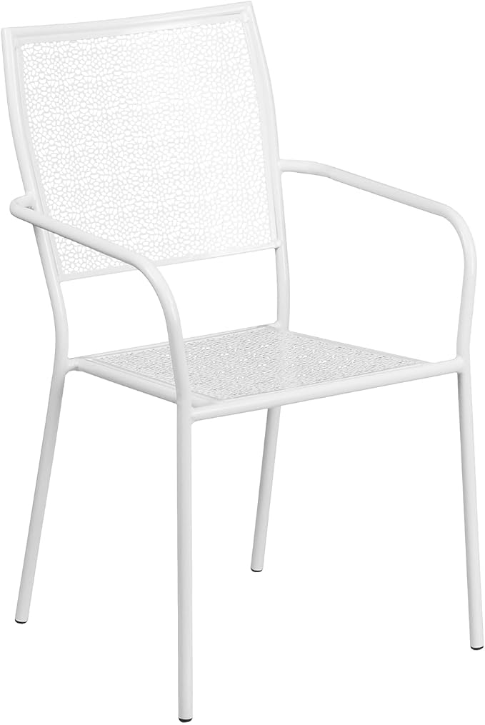 Flash Furniture Commercial Grade White Indoor-Outdoor Steel Patio Arm Chair with Square Back